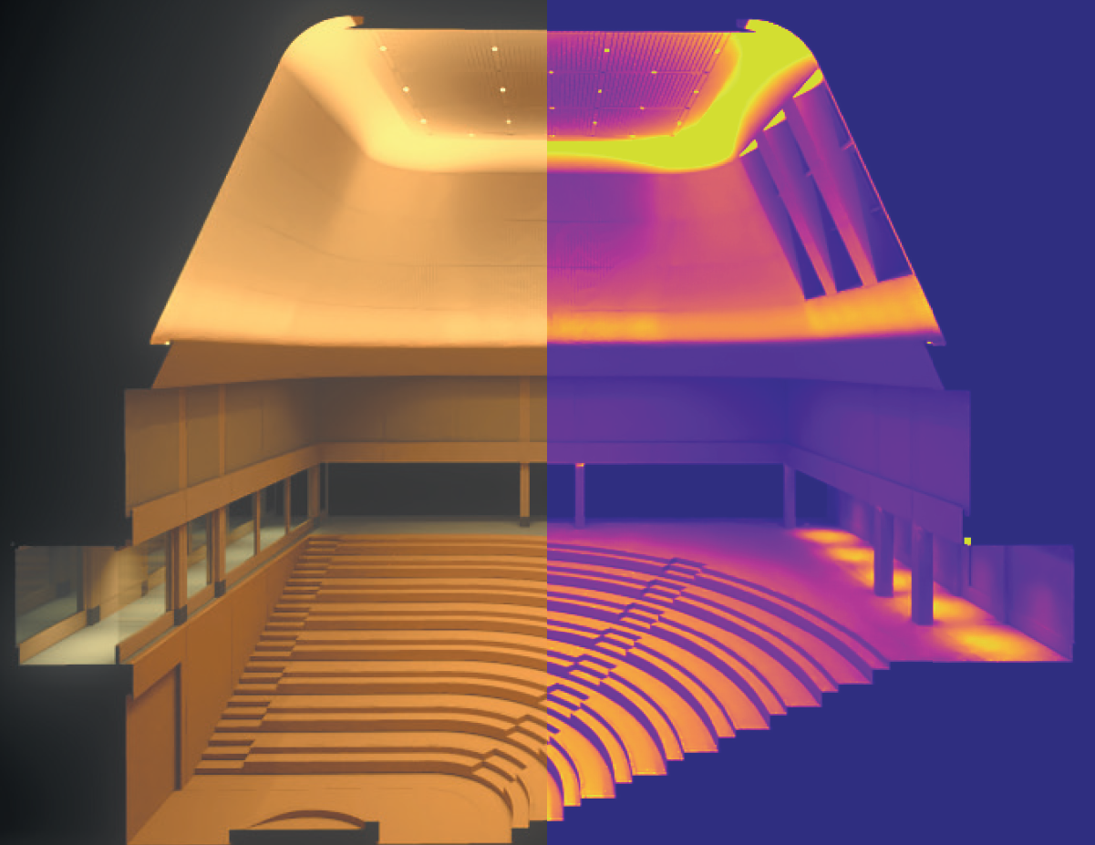 False-colour lighting calculation of an auditorium