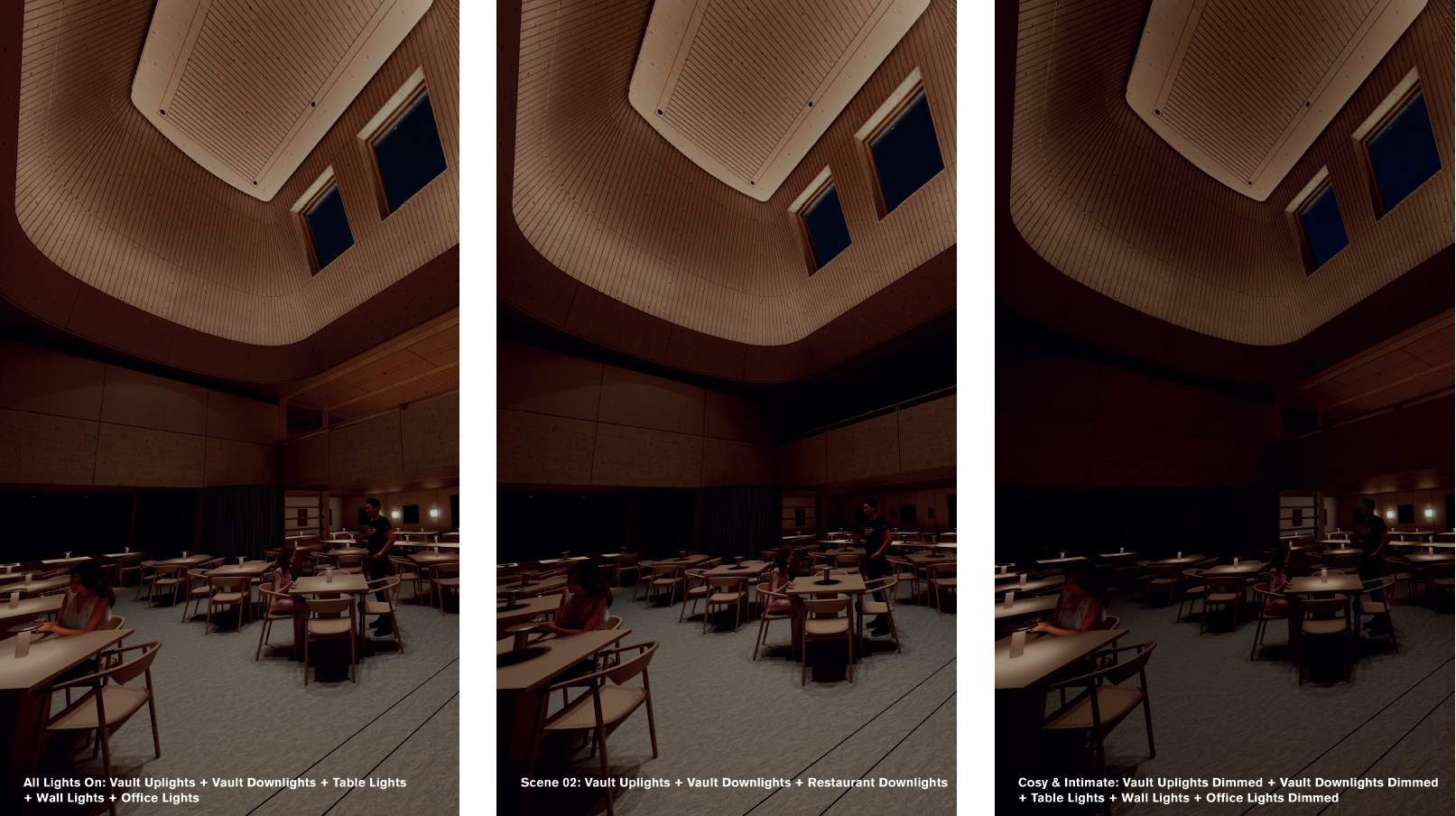 Interior lighting visualisation of a timber-lined room